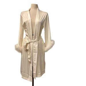 Fairy Satin Robe Feather Sleeve Trim Coquette Glamour Feminine Ethereal S White